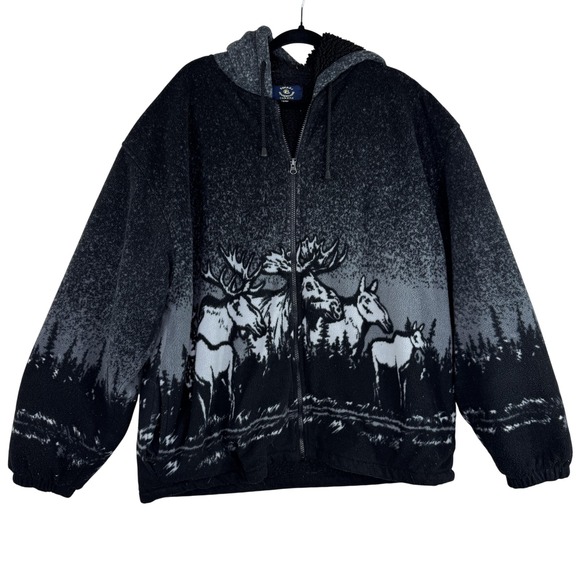 Safari Collections Jacket Mens 2XL Black Gray Moose Elk Fleece Full Zip Hooded - Picture 1 of 10